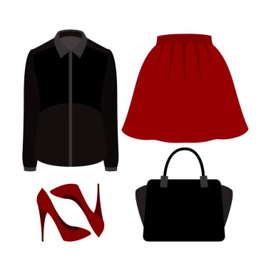 Etek, bluz ve aksesuarlı modaya uygun kadın kıyafetleri seti