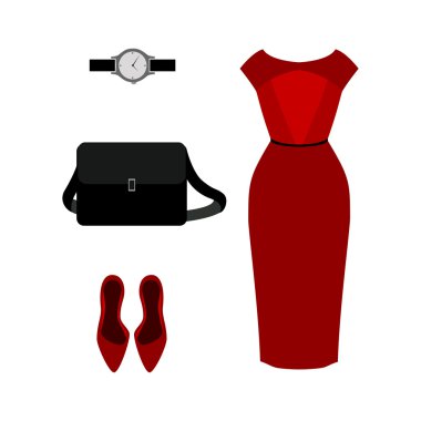 Modaya uygun kadın kıyafetleri seti. Bir kırmızı kadın elbise kıyafeti