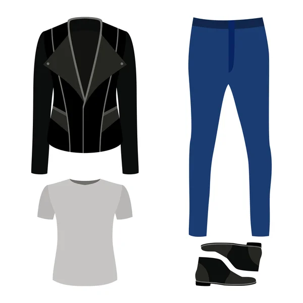 Conjunto de roupas masculinas da moda com casaco de balancim, t-shirt, jeans a —  Vetores de Stock