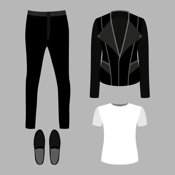 Conjunto de ropa de hombre de moda con chaqueta rocker, camiseta, pantalones a — Vector de stock