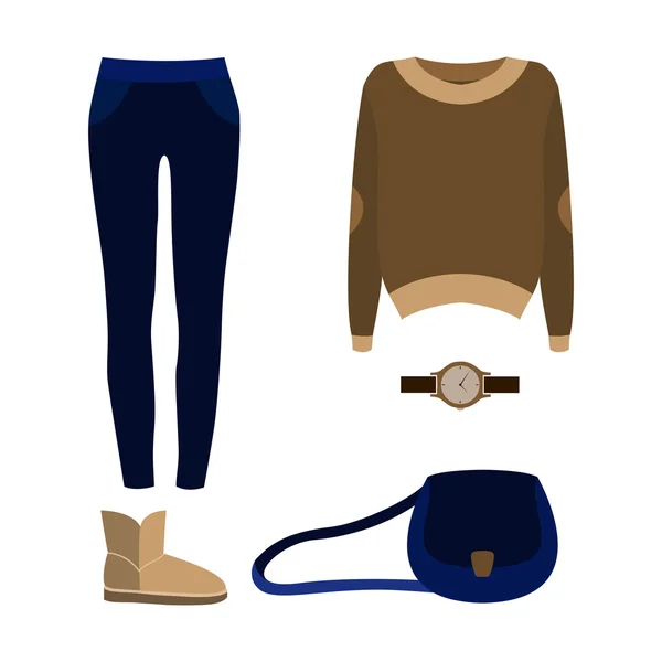 Conjunto de ropa de mujer de moda con jeans, jersey y accesorio — Vector de stock