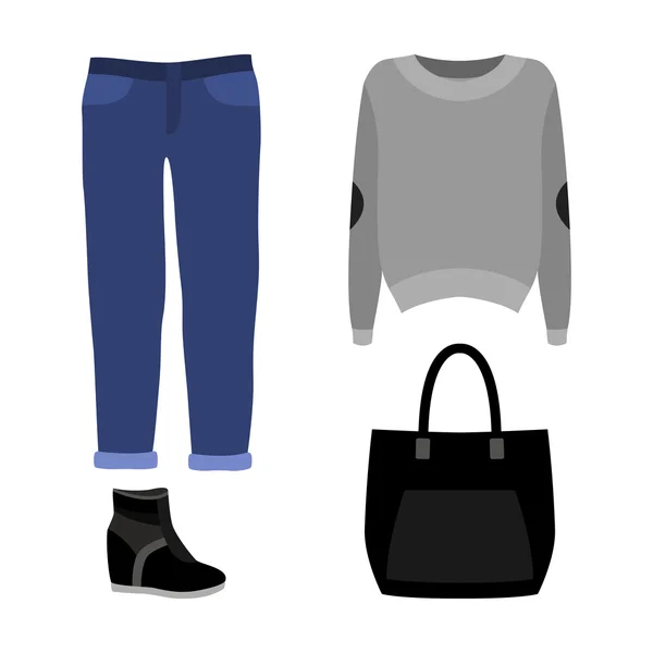 Ensemble de vêtements pour femmes tendance avec jeans, pull et accessoire — Image vectorielle