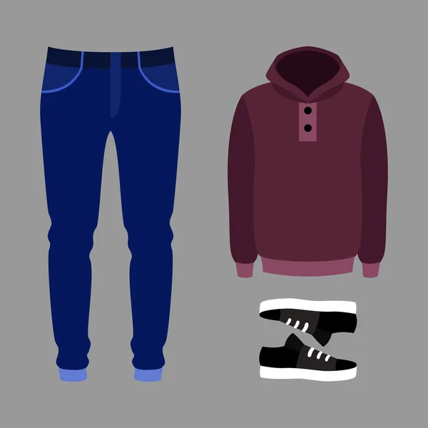 Набор модной мужской одежды с брюками, капюшоном и кроссовками. Мужчина — стоковый вектор