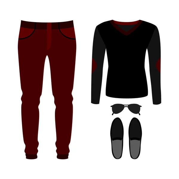 Conjunto de ropa de hombre de moda con pantalones, jersey y accesorios — Vector de stock