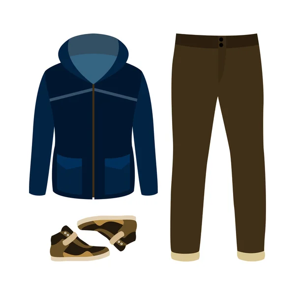 Conjunto de ropa de hombre de moda con parka, jeans y zapatillas de deporte. Hombre. — Vector de stock