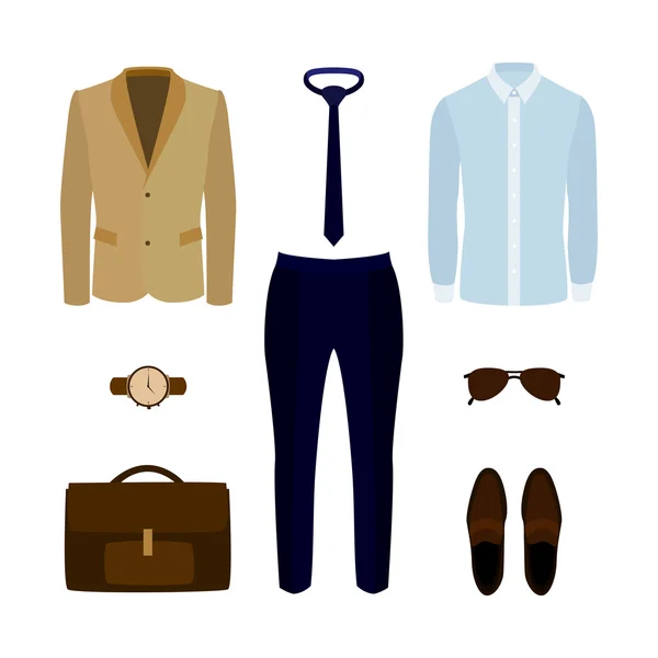 Conjunto de ropa de hombre de moda con pantalones, camisa, chaqueta y acceso — Vector de stock