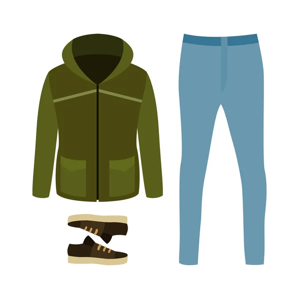 Conjunto de ropa de hombre de moda con parka, jeans y zapatillas de deporte. Hombre. — Vector de stock