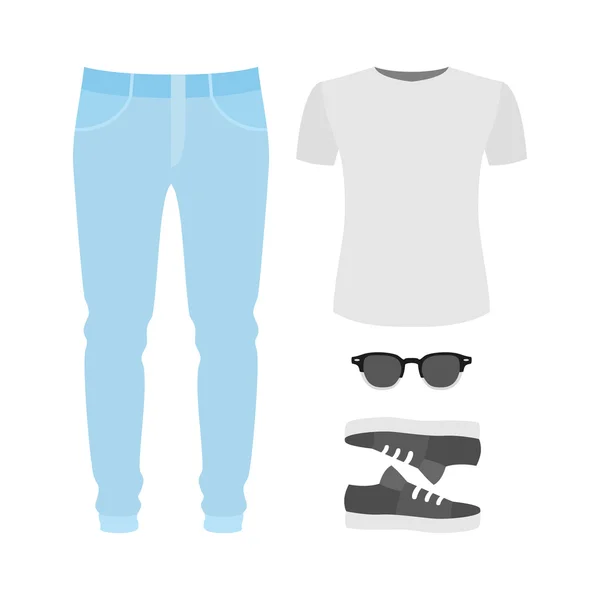 Conjunto de ropa de mujer de moda con jeans, camiseta y accesorios — Vector de stock