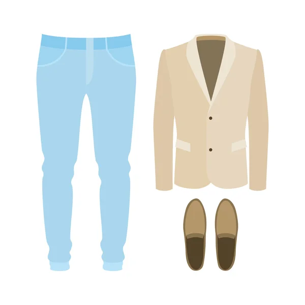 Set of trendy men's clothes with pants, jacket and moccasins. Me — Stock Vector