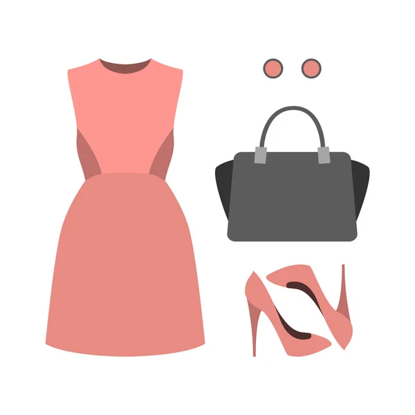 Σετ από μοντέρνα γυναικεία ρούχα με ροζ φόρεμα και αξεσουάρ. W — Διανυσματικό Αρχείο