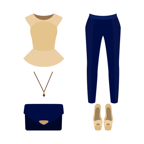 Conjunto de ropa de mujer de moda con pantalones, peplum top y acceso — Vector de stock