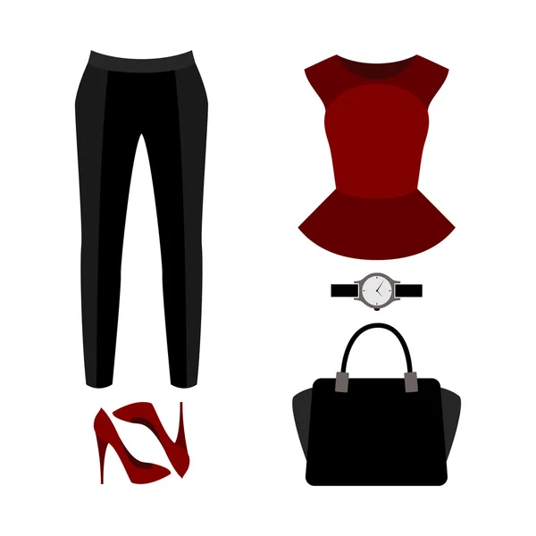 Conjunto de ropa de mujer de moda con pantalones, peplum top y acceso — Vector de stock