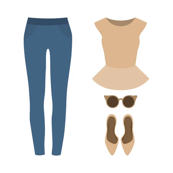 Conjunto de roupas femininas da moda com jeans, top peplum e acesso —  Vetores de Stock