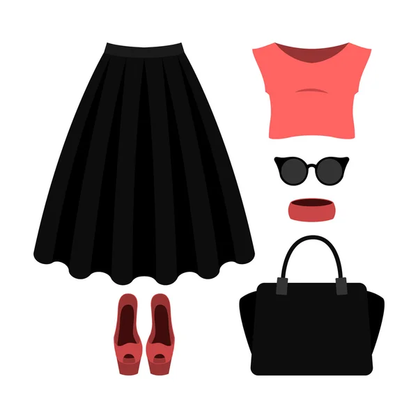 Siyah etek, üst ve aksesuar lı modaya uygun kadın kıyafetleri seti — Stok Vektör