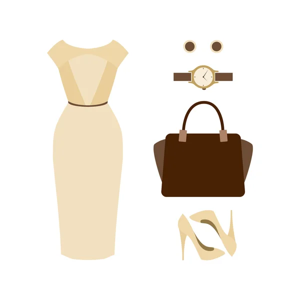 Conjunto de ropa de mujer de moda. Traje de mujer vestido con accesos — Vector de stock