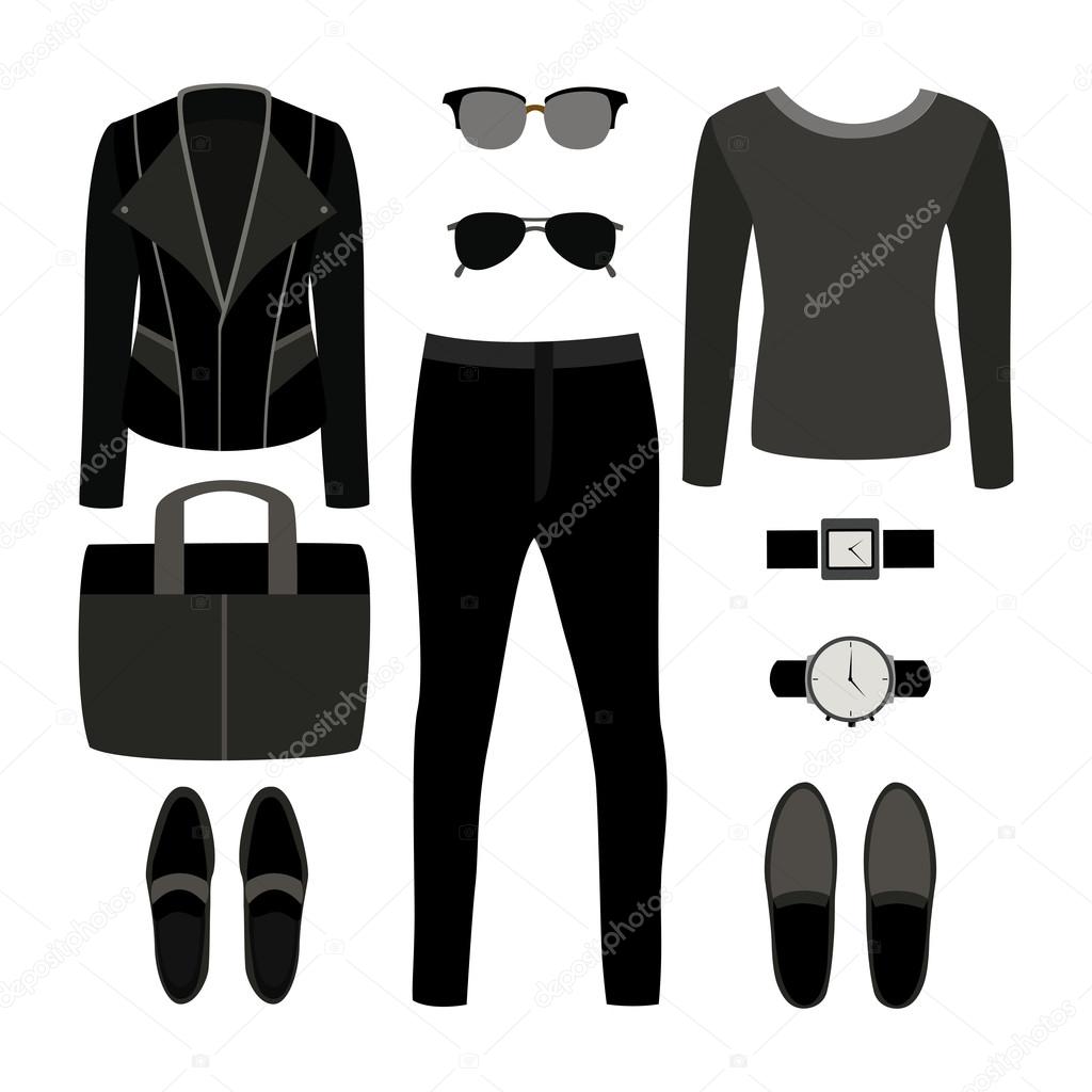 Set of monochrome trendy men's clothes with rocker jacket, pullo