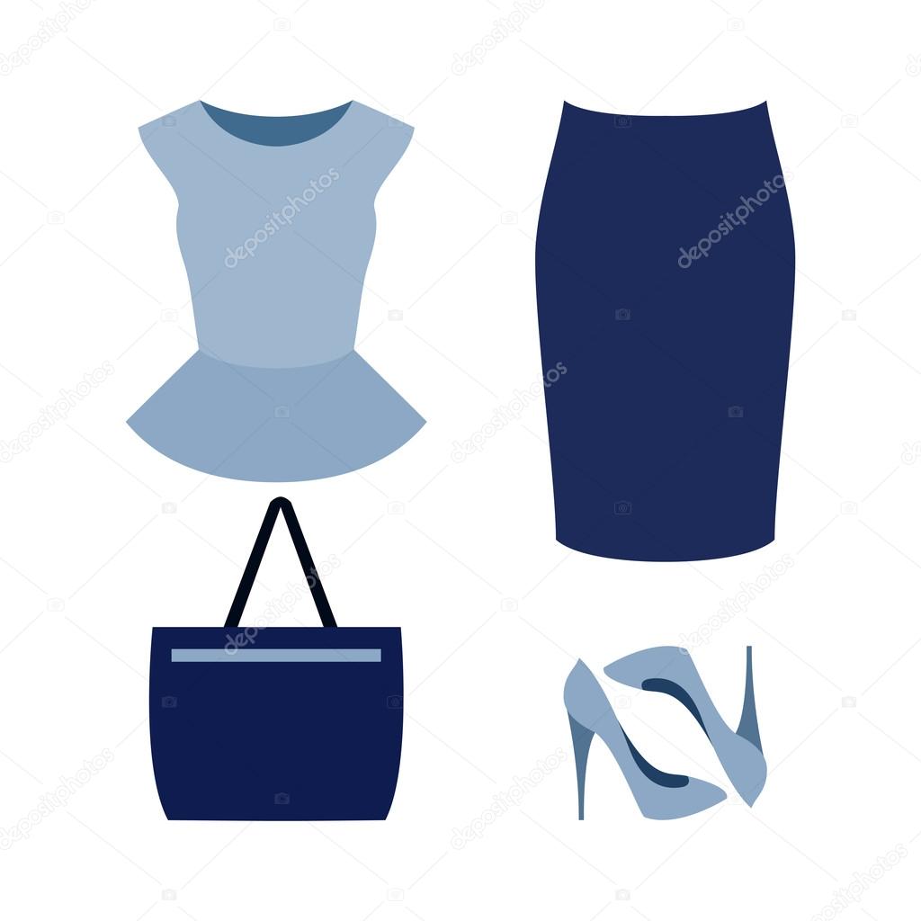 Set of  trendy women's clothes with blue skirt, top and accessor