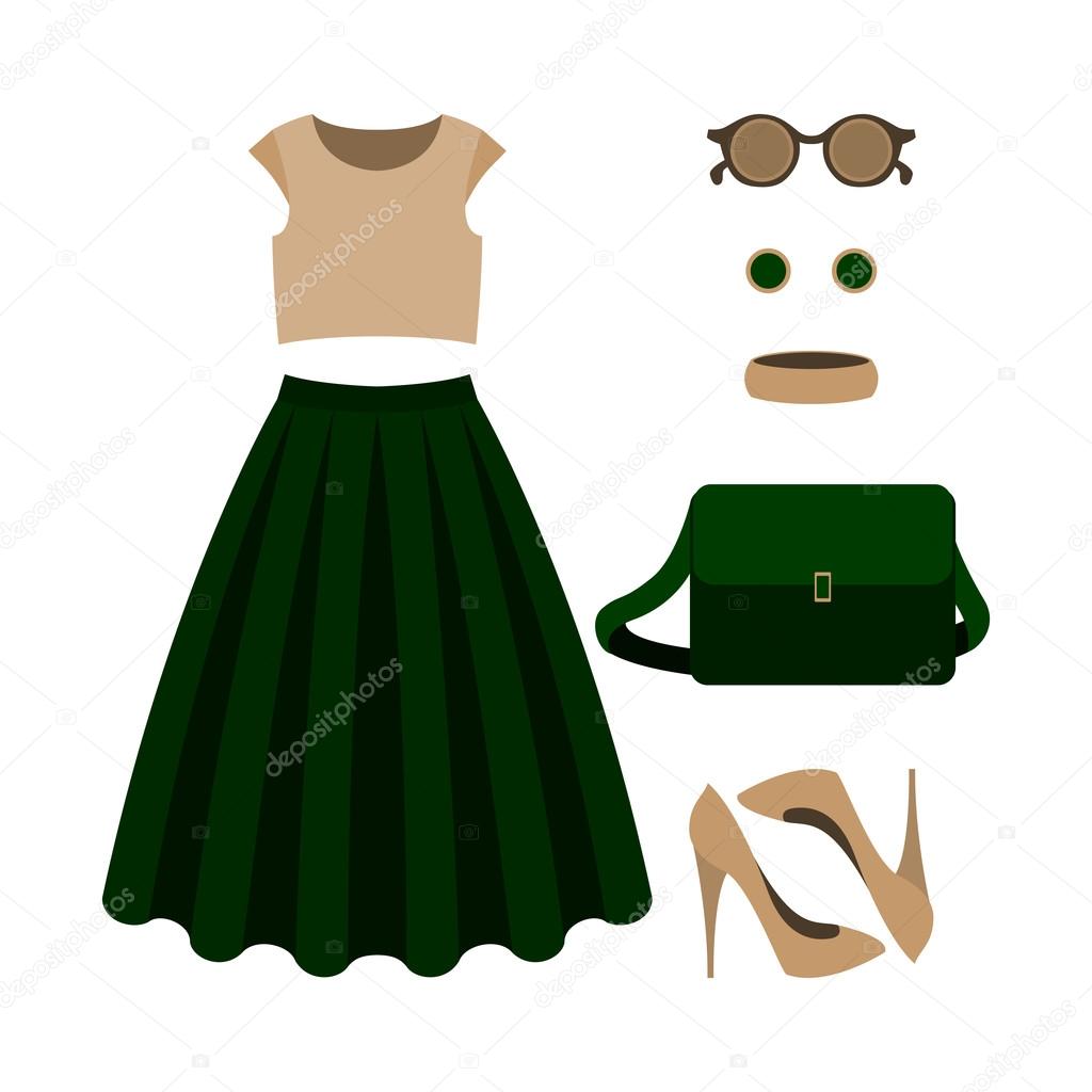 Set of  trendy women's clothes with green skirt, top and accesso