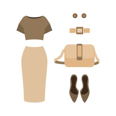 Set of  trendy women's clothes. Outfit of woman skirt, blouse an