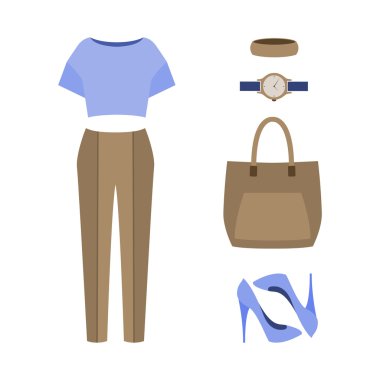 Modaya uygun kadın kıyafetleri seti. Kadın külot, bluz kıyafeti 