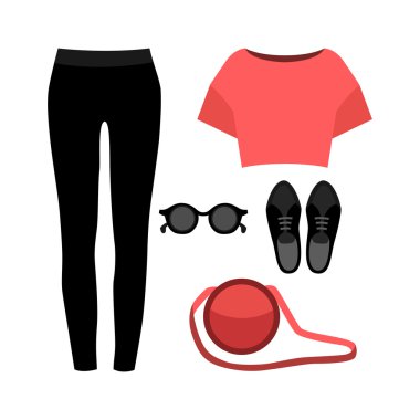 Modaya uygun kadın kıyafetleri seti. Kadın külot, üst ve kıyafet