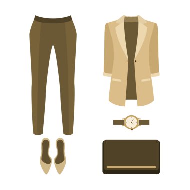 Modaya uygun kadın kıyafetleri seti. Kadın külot, ceket kıyafeti 