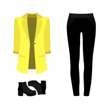 Modaya uygun kadın kıyafetleri seti. Kadın külot, ceket kıyafeti 