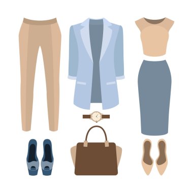 Modaya uygun kadın kıyafetleri seti. Kadın ceket, külot kıyafeti,