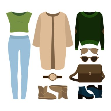 Modaya uygun kadın kıyafetleri seti. Kadın ceket, kot pantolon, üst kıyafet