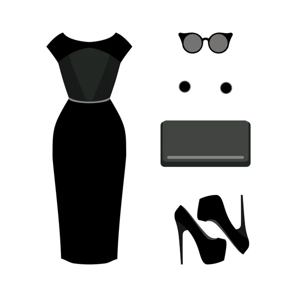 Set of  trendy women's clothes. Outfit of black woman dress with — Stock Vector