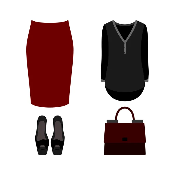 Conjunto de ropa de mujer de moda con falda roja, blusa y acceso — Vector de stock