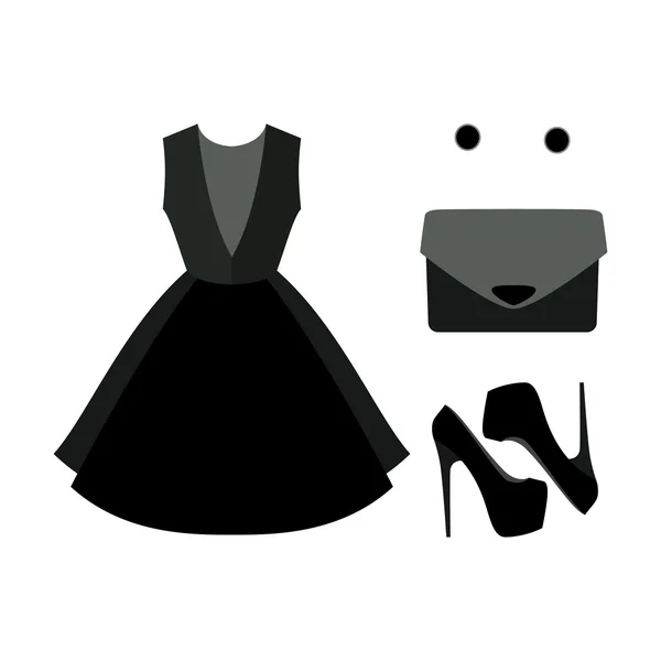 Conjunto de roupas femininas na moda. Roupa de vestido de mulher negra com —  Vetores de Stock