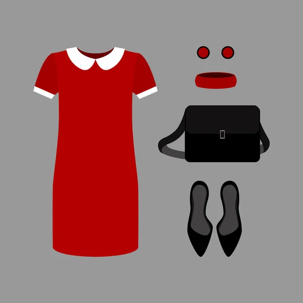 トレンディな女性の服のセット。赤い女性のドレスの衣装と — ストックベクタ