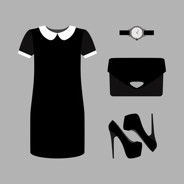 Conjunto de ropa de mujer de moda. Traje de vestido de mujer negro con — Archivo Imágenes Vectoriales