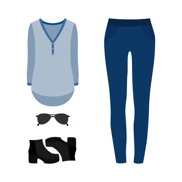 Conjunto de ropa de mujer de moda con jeans, blusa y accesorio — Vector de stock