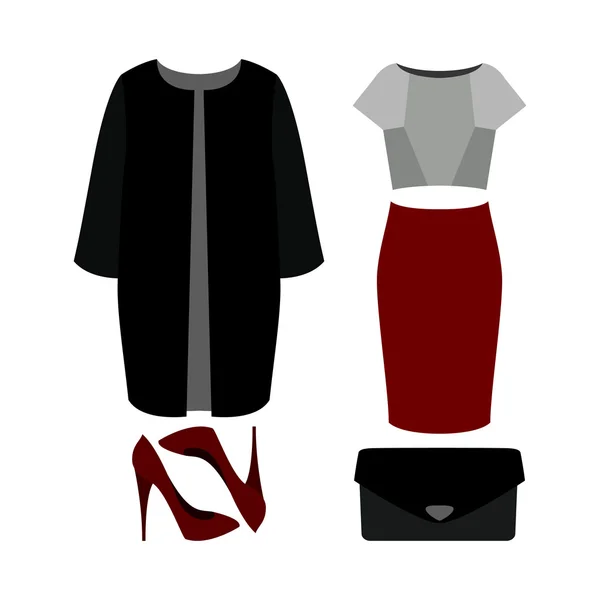 Conjunto de roupas femininas na moda. Roupa de mulher casaco, saia, blo —  Vetores de Stock