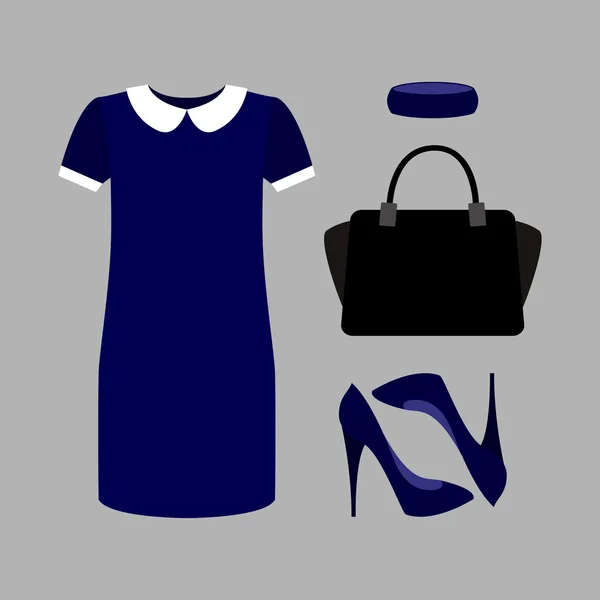 Set van trendy vrouwen kleren. Outfit van blauw vrouw jurk met — Stockvector