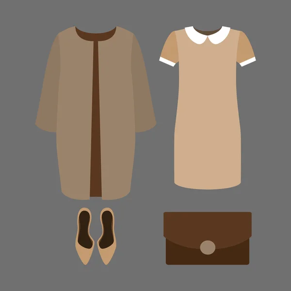 Conjunto de roupas femininas na moda. Roupa de mulher casaco, vestido e — Vetor de Stock