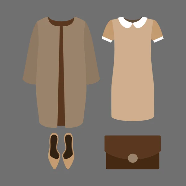 Ensemble de vêtements féminins tendance. Tenue de femme manteau, robe et — Image vectorielle