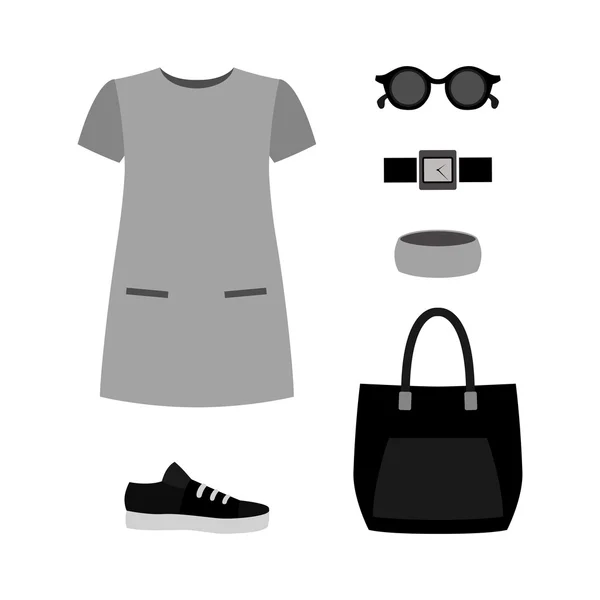 Conjunto de ropa de mujer de moda. Traje de mujer vestido con accesos — Vector de stock