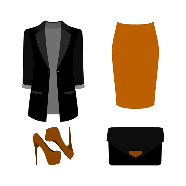 Conjunto de ropa de mujer de moda. Traje de falda de mujer, chaqueta y — Vector de stock