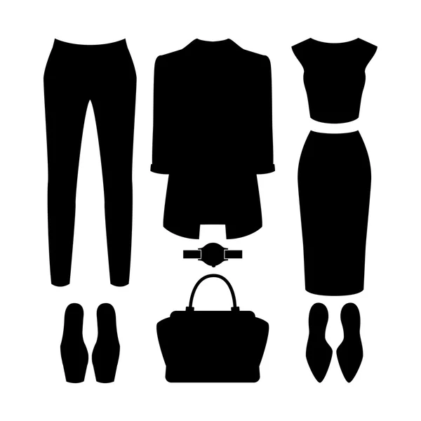 Σετ από μοντέρνα γυναικεία ρούχα. Στολή γυναίκας μπουφάν, κιλότα, — Διανυσματικό Αρχείο