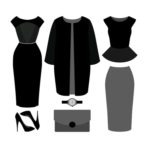 Ensemble de vêtements féminins tendance. Tenue de femme manteau, robe, ski — Image vectorielle