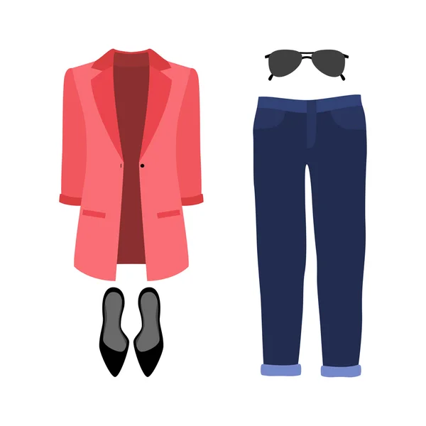 Conjunto de ropa de mujer de moda. Traje de mujer jeans, chaqueta y — Vector de stock
