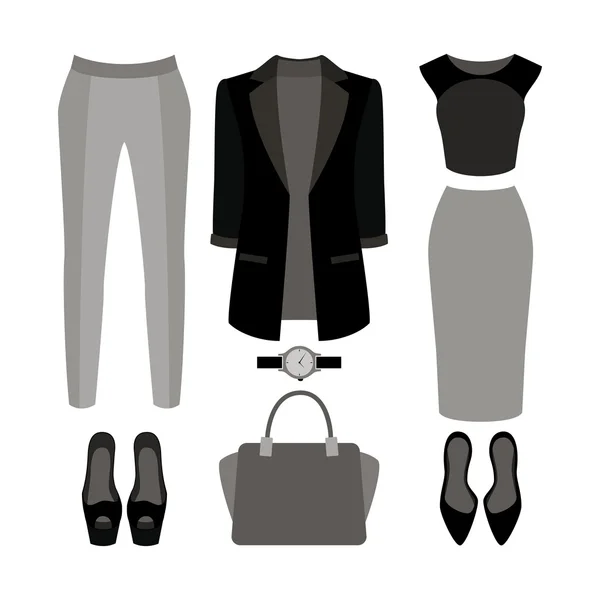 Set trendiger Frauenkleidung. Outfit der Frau Jacke, Höschen, — Stockvektor