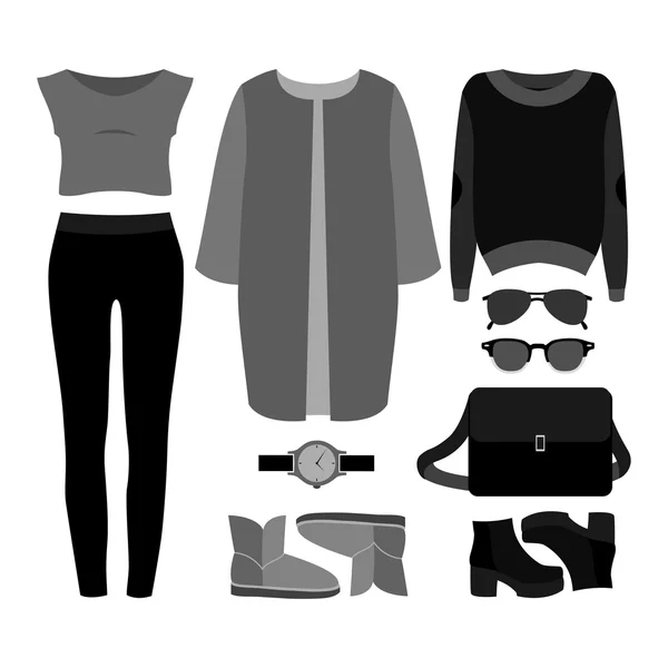 Conjunto de ropa de mujer de moda. Traje de abrigo de mujer, jeans, top — Vector de stock