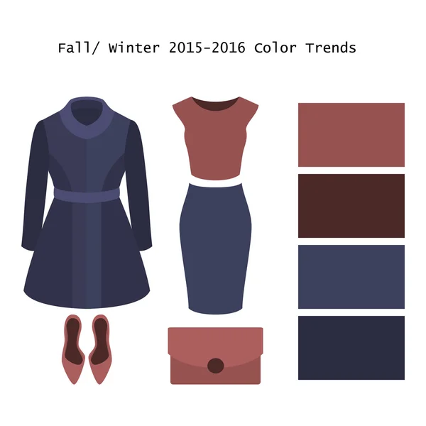 Set of  trendy women's clothes. Outfit of woman coat, skirt, top — 스톡 벡터