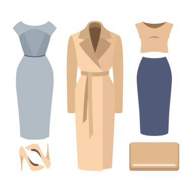 Modaya uygun kadın kıyafetleri seti. Kadın palto, elbise, kayak kıyafeti