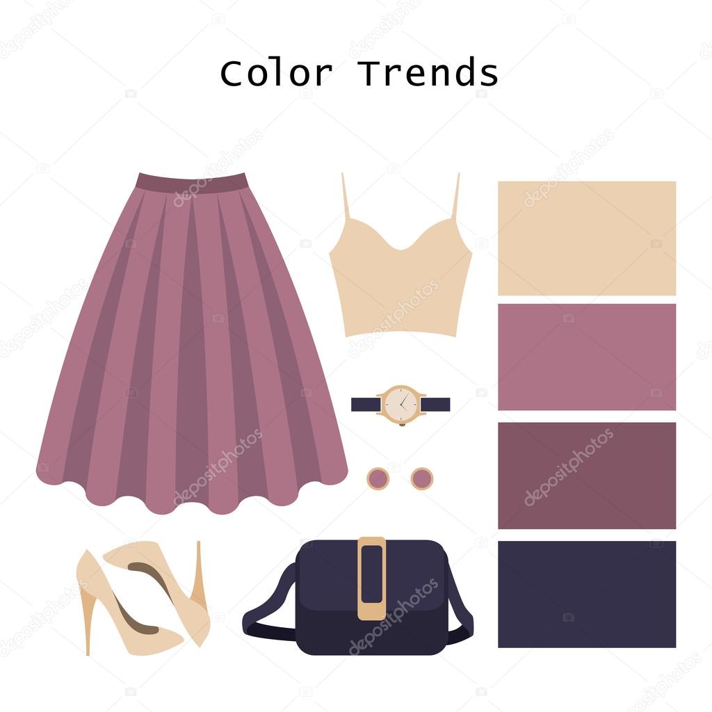 Set of  trendy women's clothes. Outfit of woman top, skirt and a