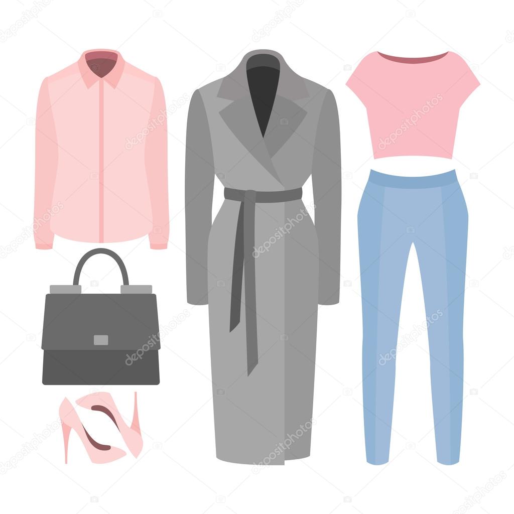 Set of  trendy women's clothes. Outfit of woman coat, panties, b